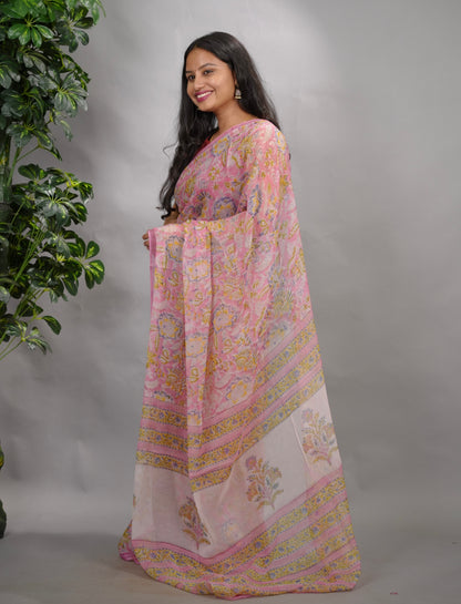Pastel Pink Chiffon Hand Block Printed Saree | Looms & Tassels