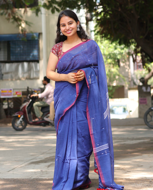 Blue Pure Handwoven Malai Cotton Saree with Butta Weaving