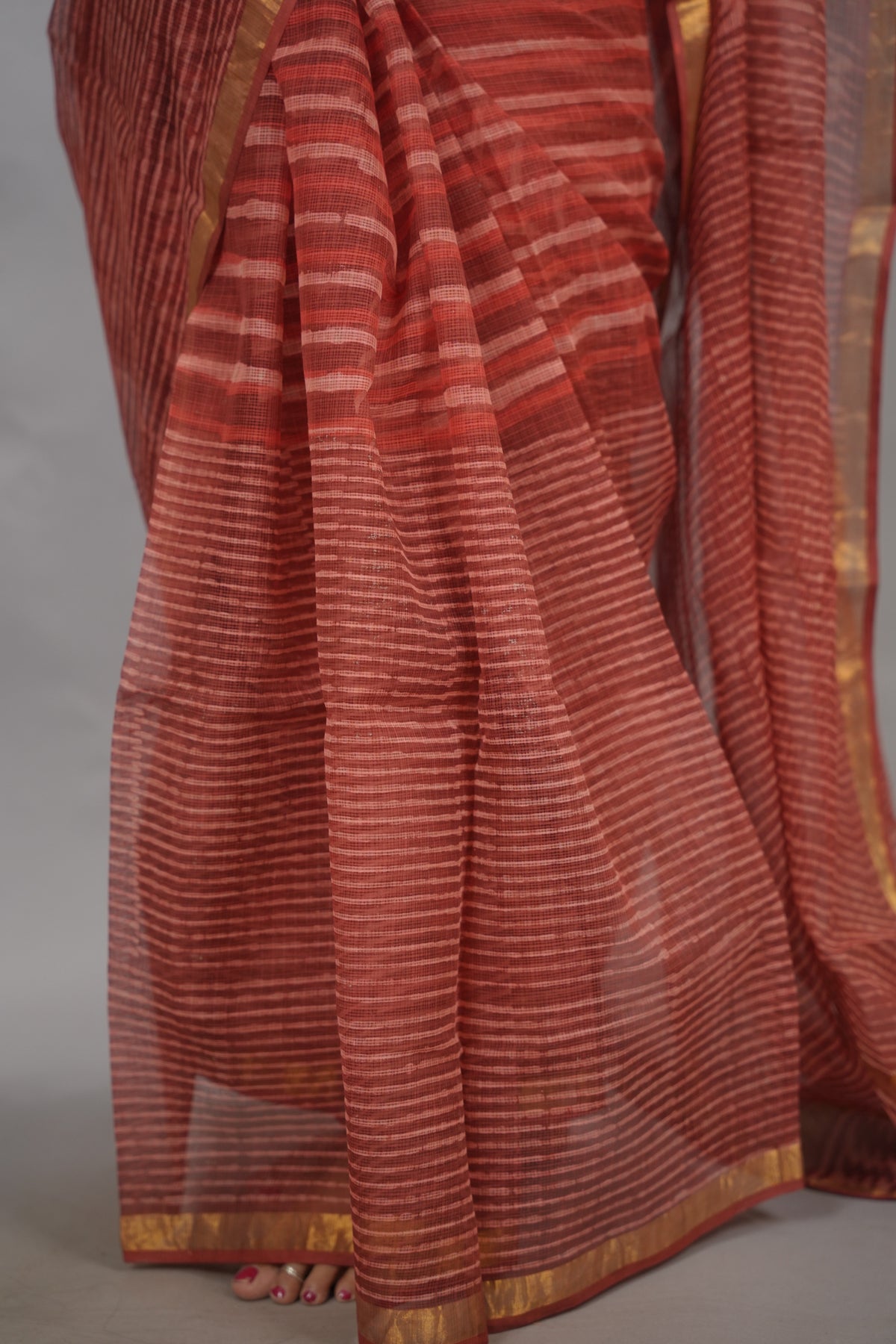 Maroon Stripes Contemporary Pure Kota Doria Saree with Bagru Handblock Prints