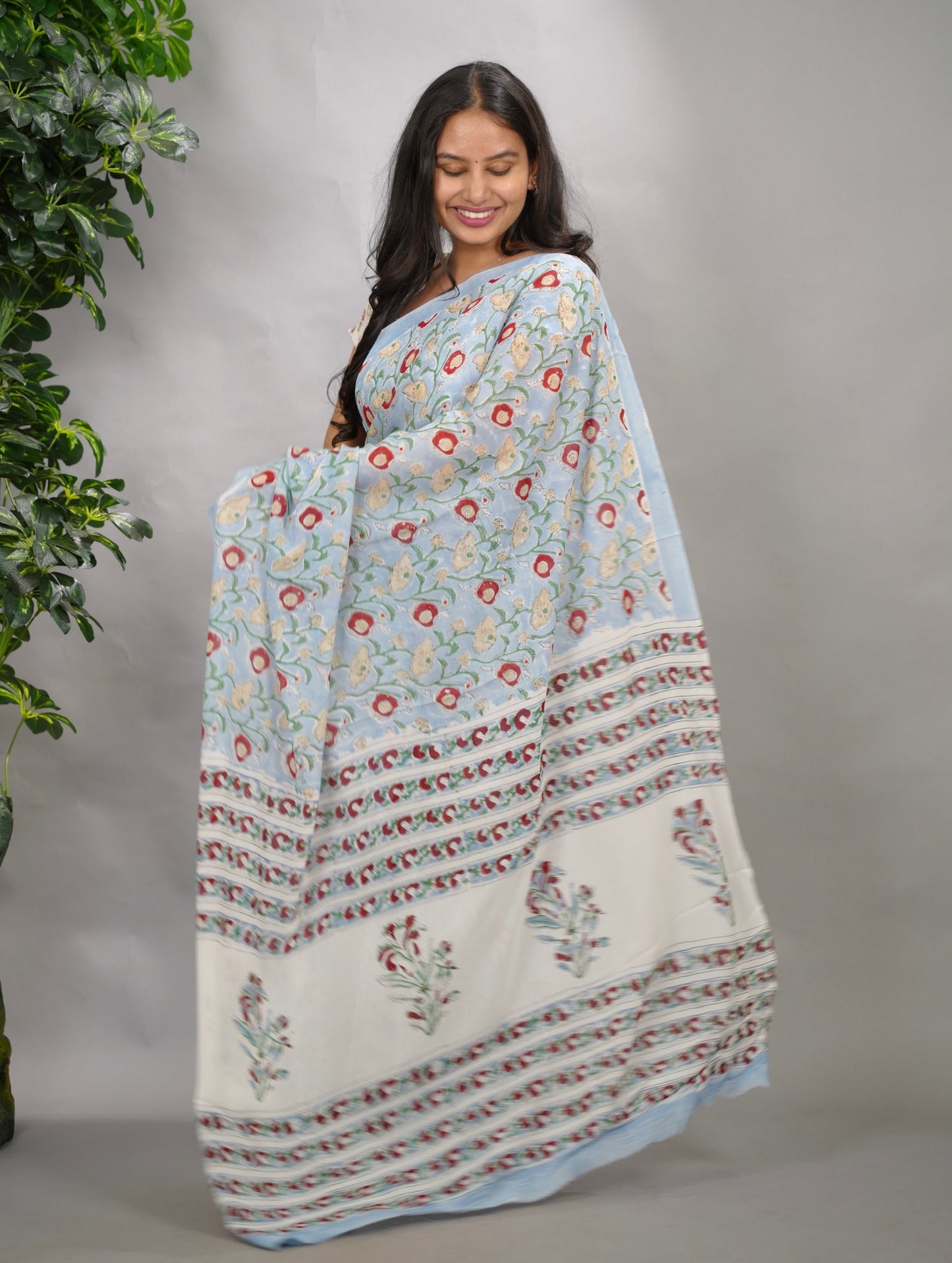 Powder Blue Georgette Hand Block Printed Saree| Looms & Tassels