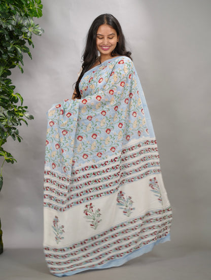 Powder Blue Georgette Hand Block Printed Saree| Looms & Tassels
