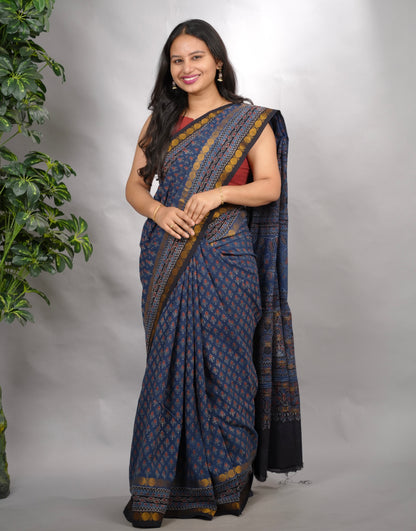 Indigo Ajrakh Hand Block Printed Sungudi Cotton Saree | Looms & Tassels