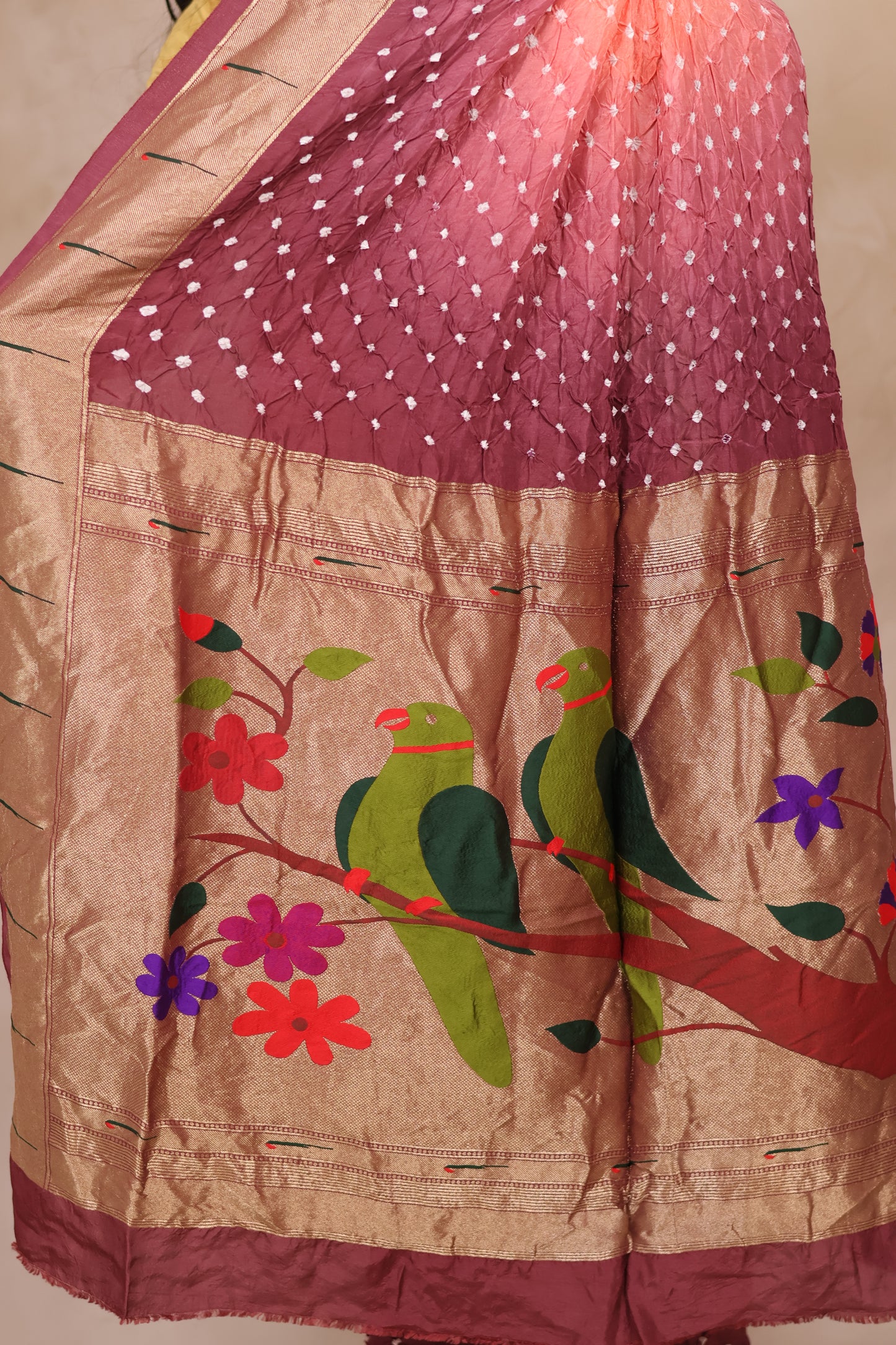 Peach & Wine Handcrafted Bandhani Paithani Dola Silk Saree | Looms & Tassels