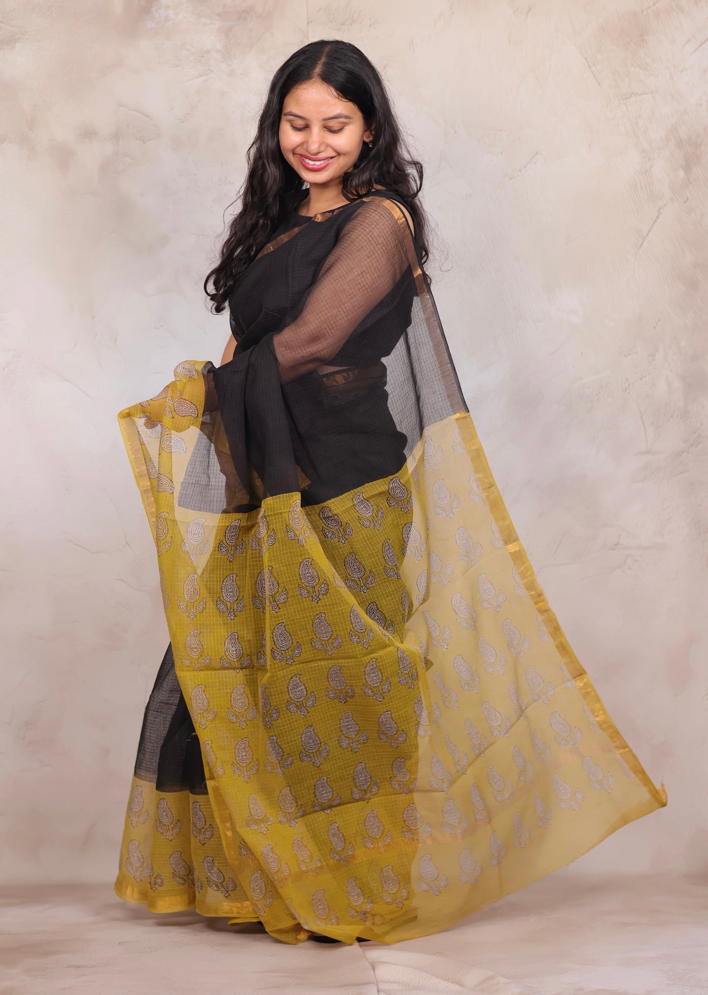 Black & Yellow Pure Kota Doria Saree with Bagru Handblock Prints | Looms & Tassels