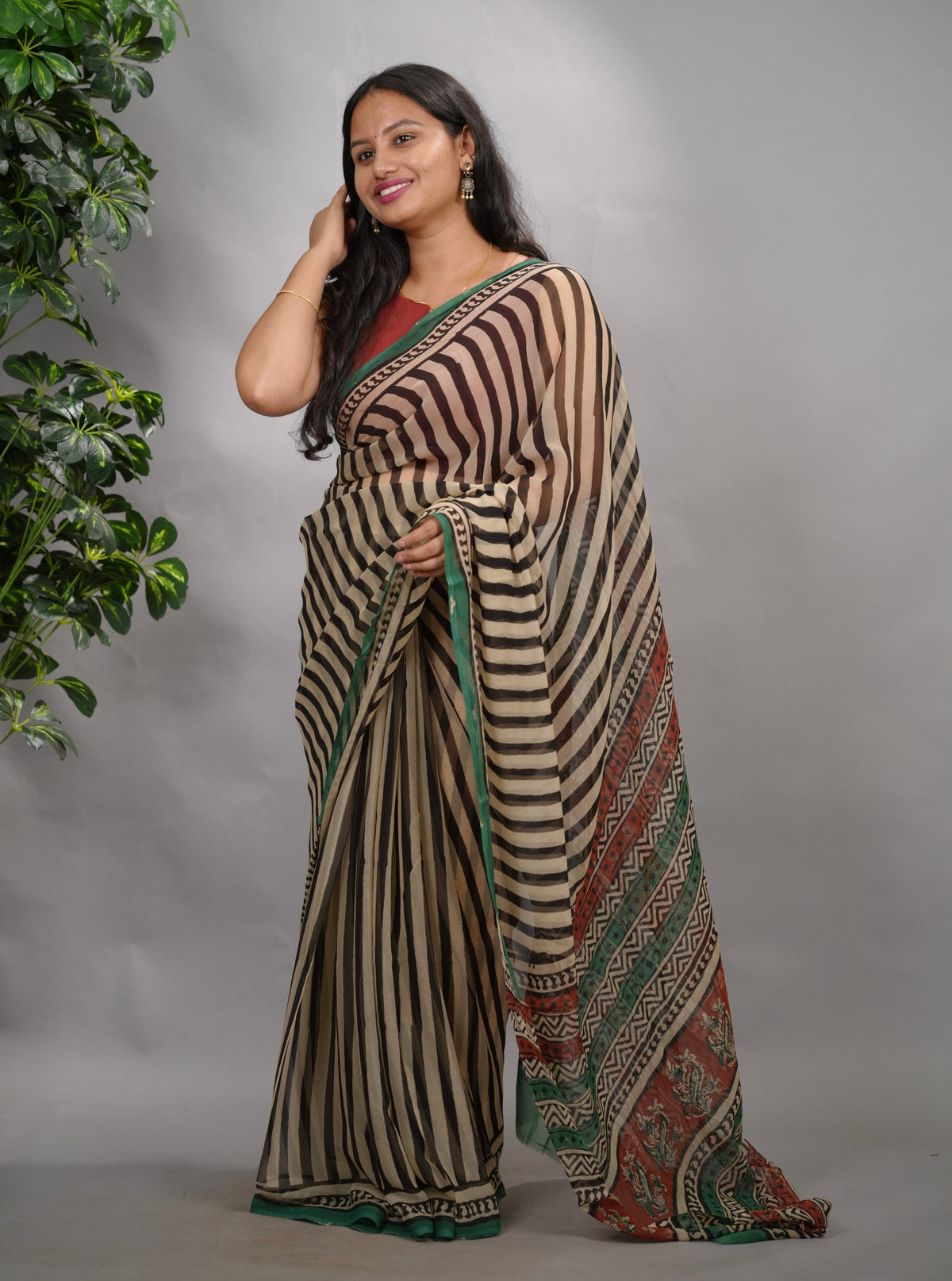 Stripes Chiffon Hand Block Printed Saree | Looms & Tassels