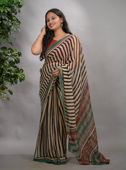 Stripes Chiffon Hand Block Printed Saree | Looms & Tassels