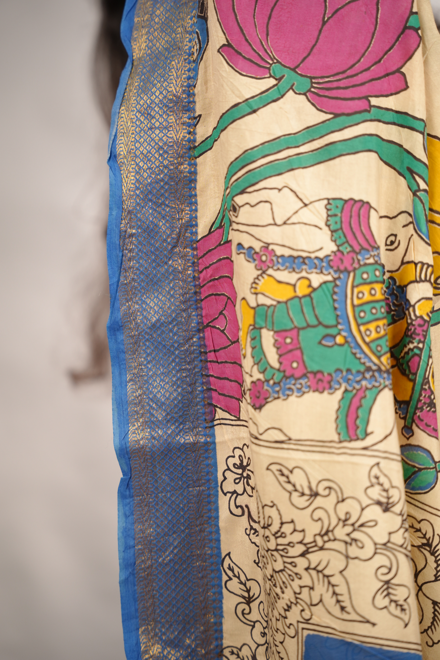 Cream Kalamkari Nizam Border Chennur Silk Saree | Looms & Tassels