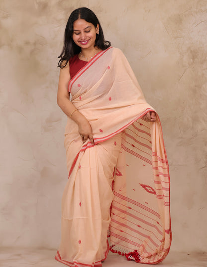 Cream Handwoven Malai Cotton Saree| Looms & Tassels
