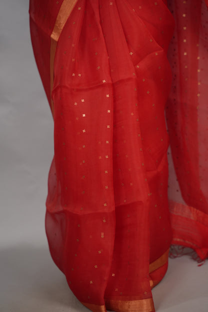 Red Handwoven Muslin Silk Saree With Sequence Work | Looms & Tassels