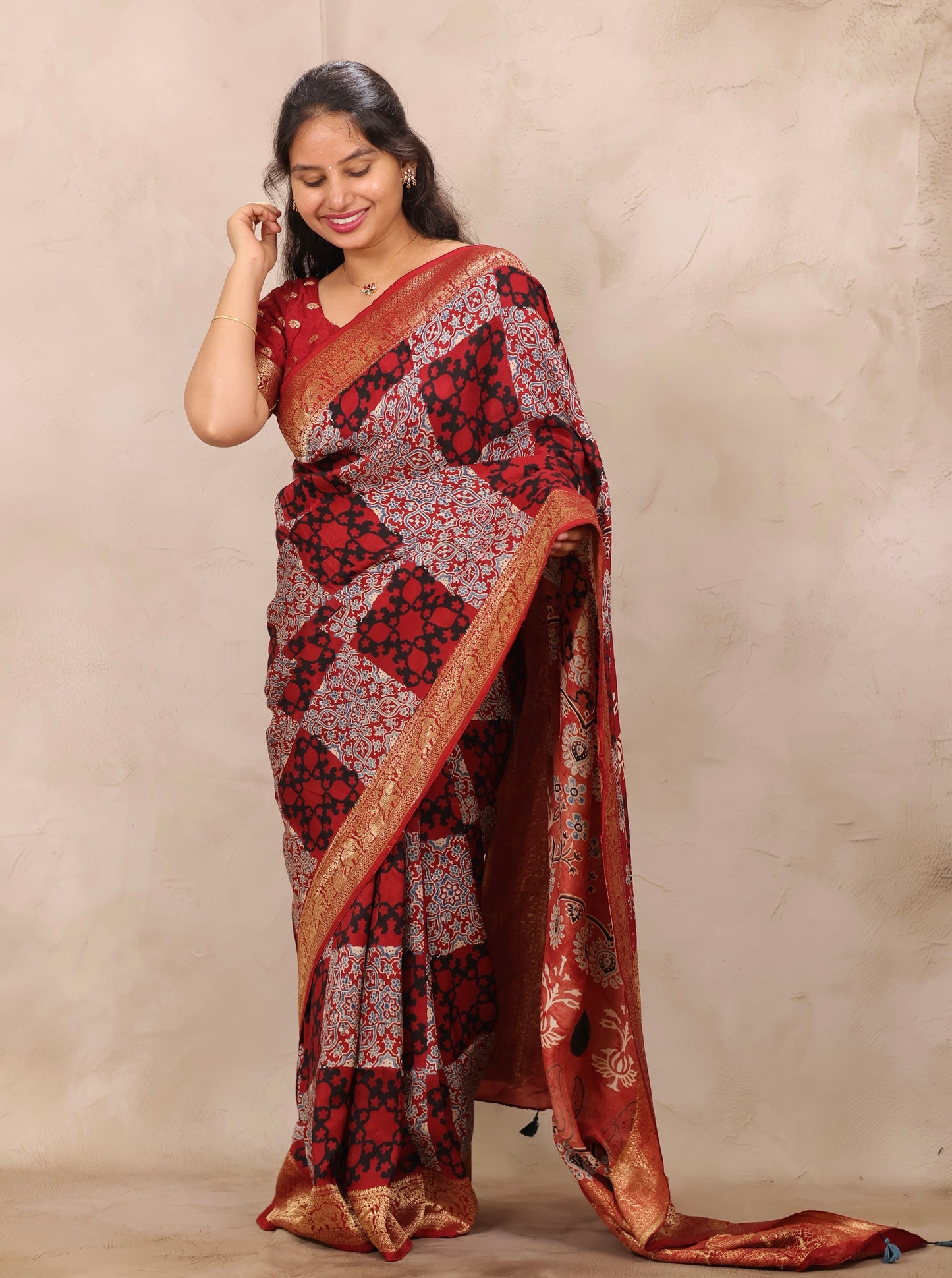 Red Ajrakh Handblock printed Dola Silk Saree | Looms & Tassels