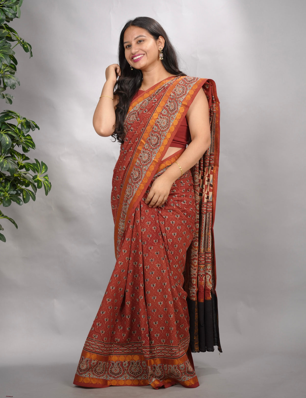 Rust Red Ajrakh Hand Block Printed Sungudi Cotton Saree | Looms & Tassels