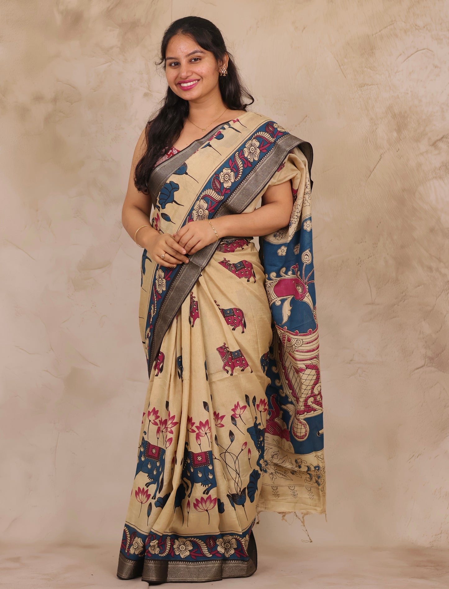 Cream Pichwai Design Kalamkari Nizam Border Chennur Silk Saree | Looms & Tassels