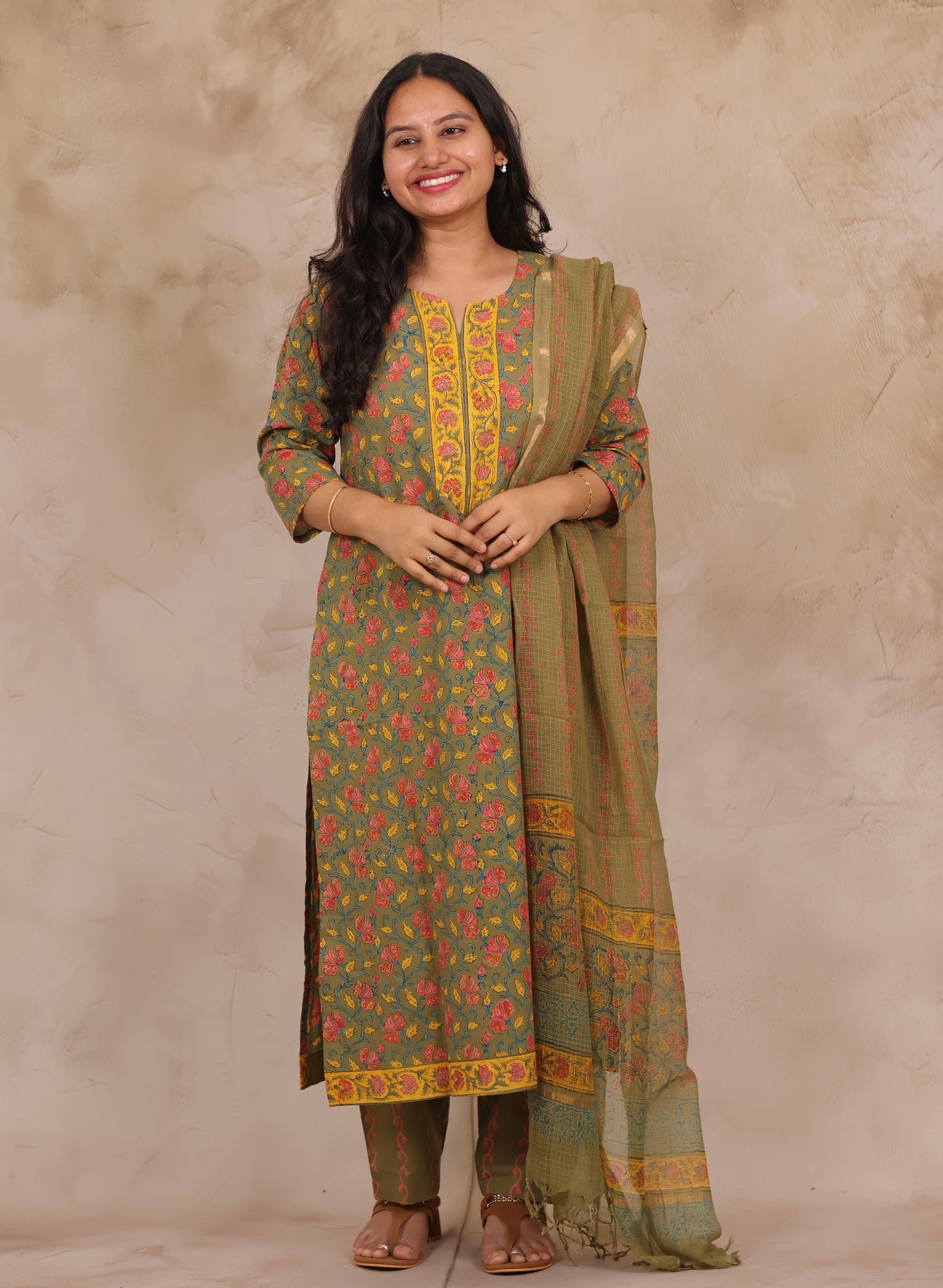 Mehendi Green Handblock printed Pure Mul Cotton with Kota Doria Duppata 3 piece suit (stitched)