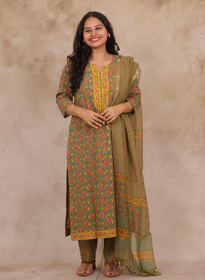 Mehendi Green Handblock printed Pure Mul Cotton with Kota Doria Duppata 3 piece suit (stitched)