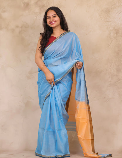 Sky Blue Narayanpet Cotton Saree | Looms & Tassels