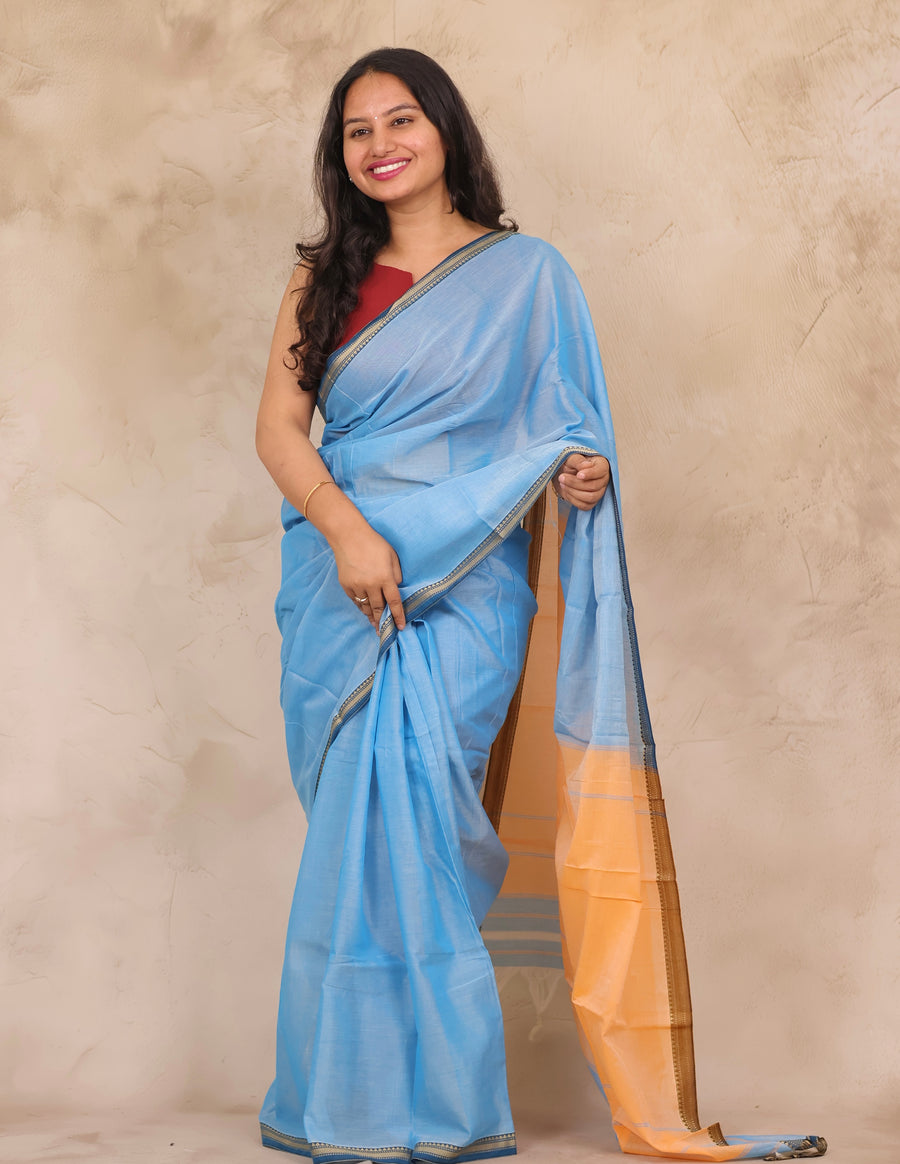 Sky Blue Narayanpet Cotton Saree | Looms & Tassels