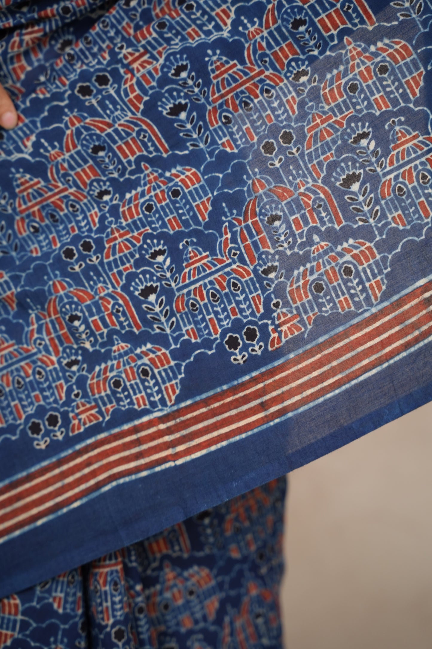 Indigo Ajrakh Hand Block Printed Cotton Saree | Looms & Tassels