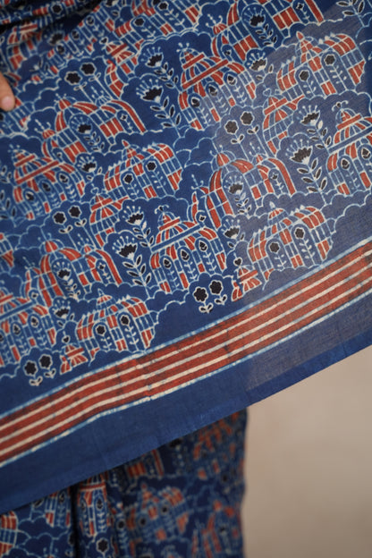 Indigo Ajrakh Hand Block Printed Cotton Saree | Looms & Tassels