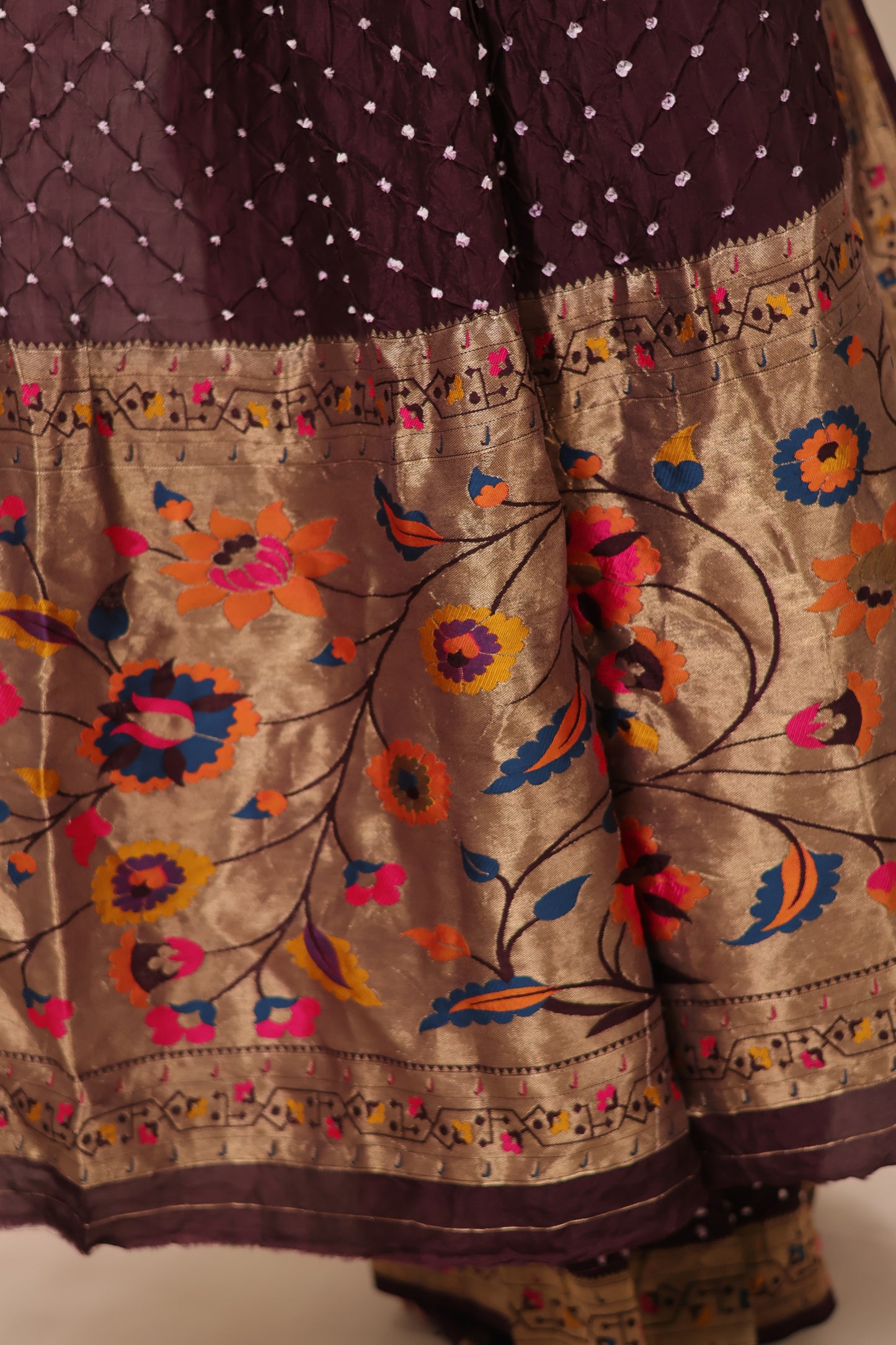 Deep purple Handcrafted Bandhani Paithani Dola Silk Saree | Looms & Tassels