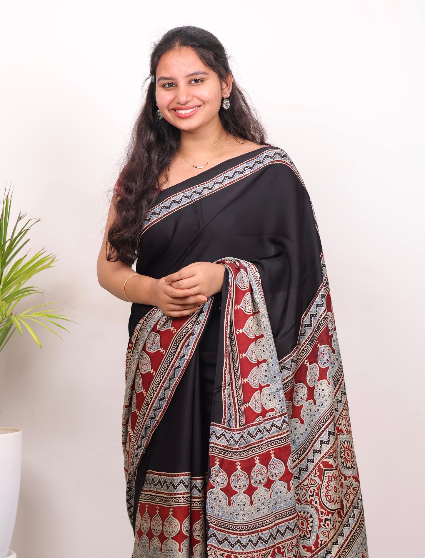 Black Half & Half Authentic Ajrakh Handblock Printed Modal Silk Saree | Looms & Tassels