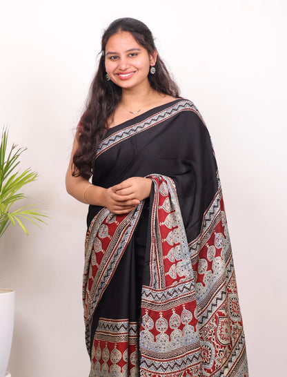 Black Half & Half Authentic Ajrakh Handblock Printed Modal Silk Saree | Looms & Tassels