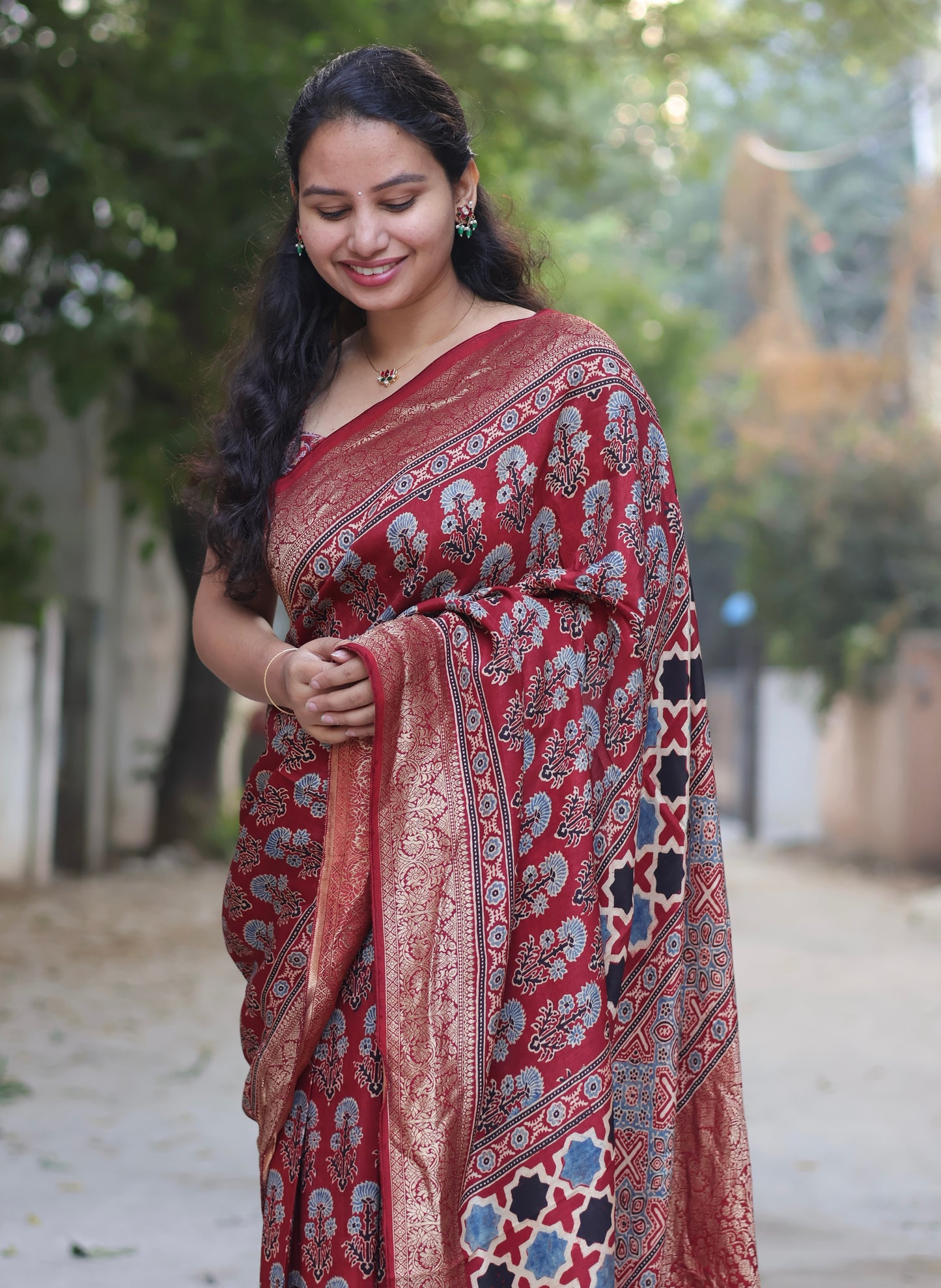 Traditional Ajrakh Handblock Printed Dola Silk Saree