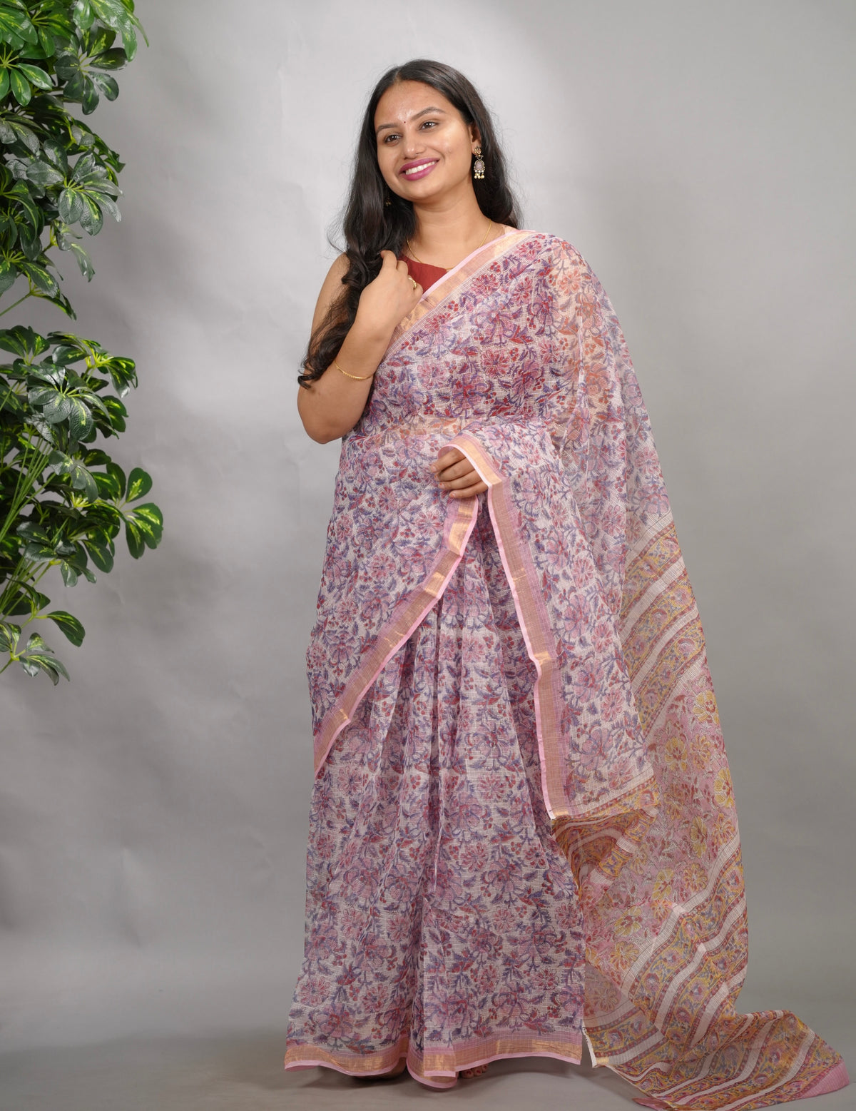 White & Lavender Pure Kota Doria Saree with Bagru Handblock Prints