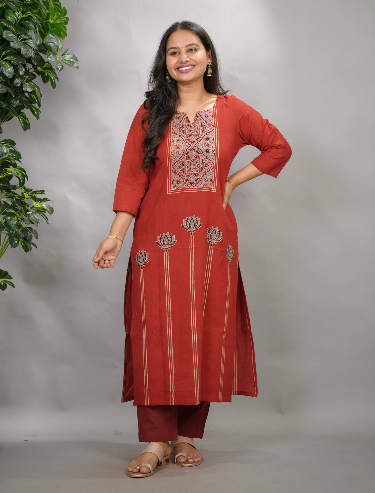 Maroon Ajrakh Pattern Hand Block printed Kurti | Looms & Tassels