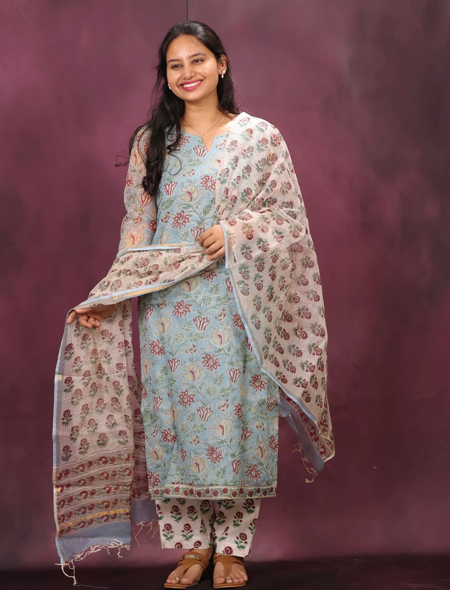 Sky Blue Handblock printed kota 3 piece suit (stitched)
