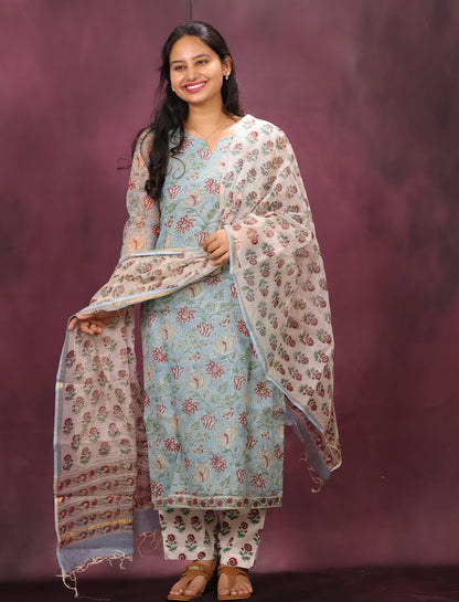 Sky Blue Handblock printed kota 3 piece suit (stitched)