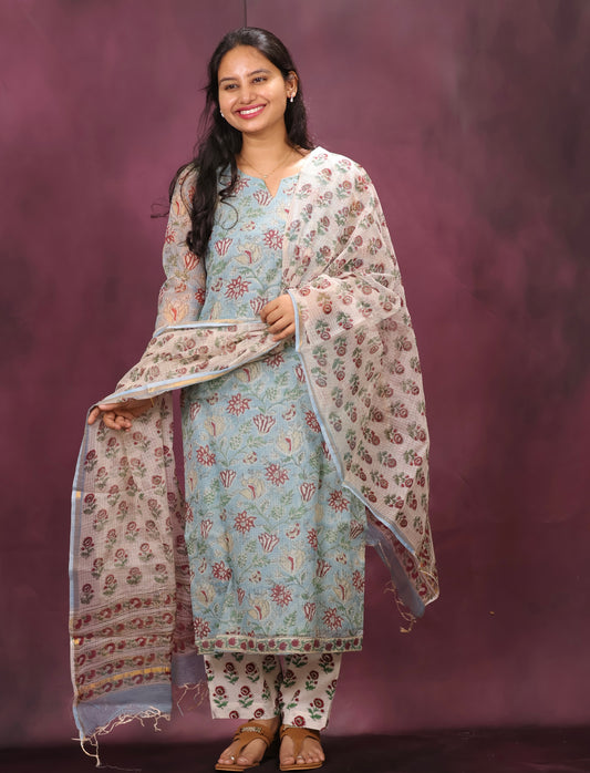 Sky Blue Handblock printed kota 3 piece suit (stitched)