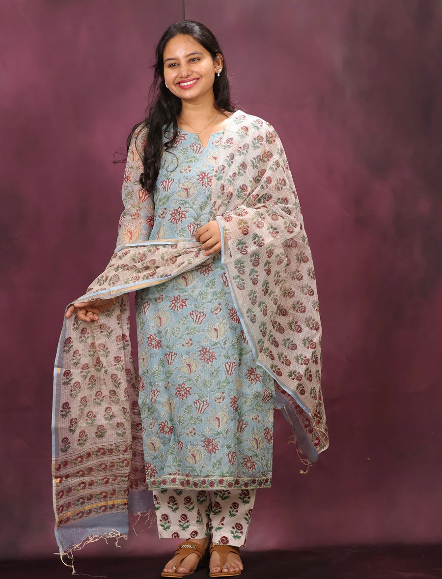 Sky Blue Handblock printed kota 3 piece suit (stitched)