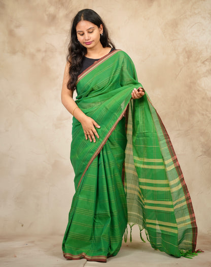 Parrot Green Narayanpet Cotton Saree lines weaving | Looms & Tassels