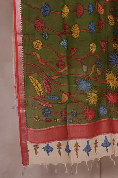 Green Pen Kalamkari Mangalagiri silk Dupatta