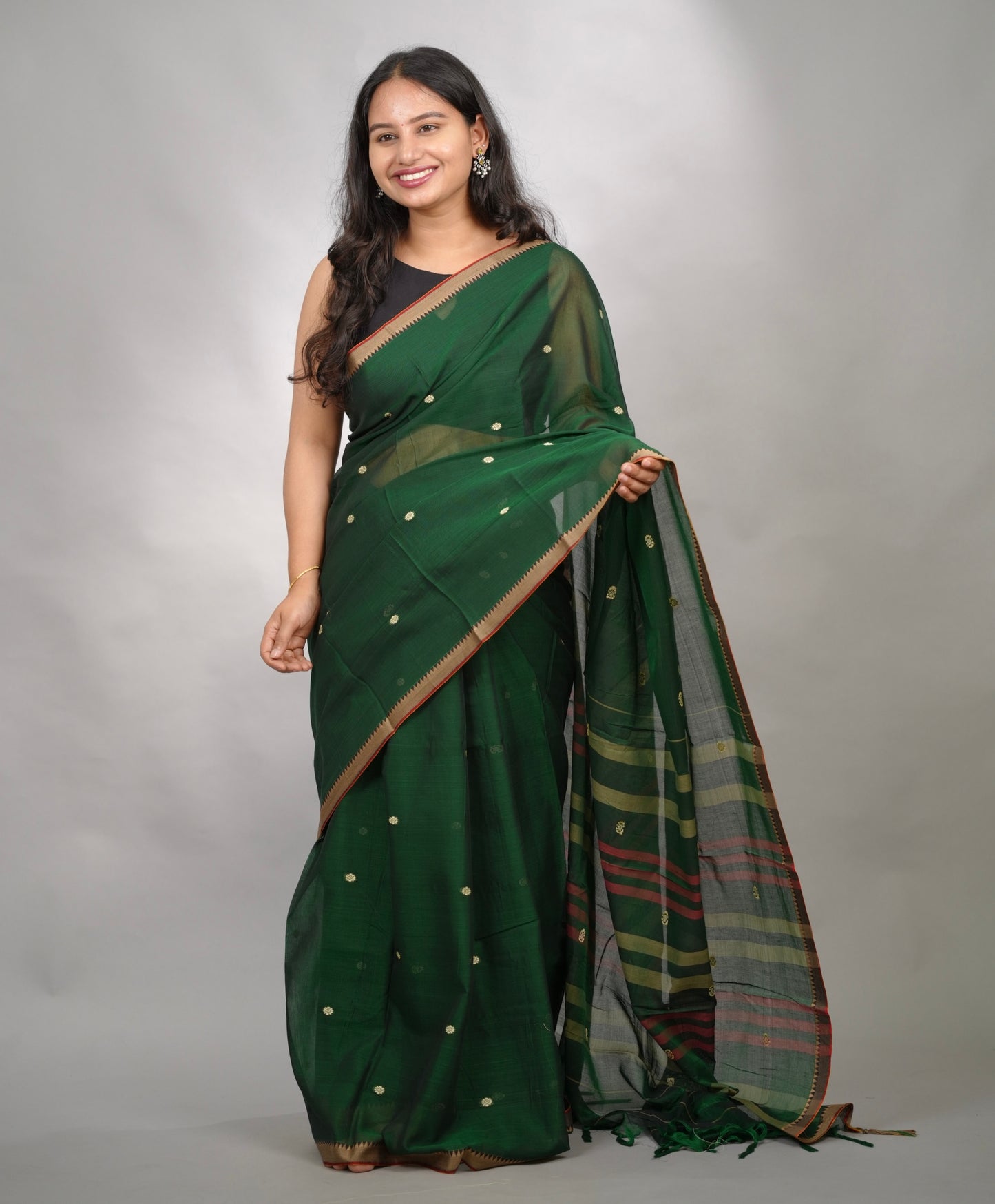 Green Narayanpet Cotton Saree With Butta Weaving | Looms & Tassels