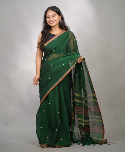 Green Narayanpet Cotton Saree With Butta Weaving | Looms & Tassels