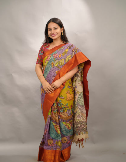 Yellow Hand Drawn Pen Kalamkari  Bangalore Silk Kanchi Border Saree | Looms & Tassels