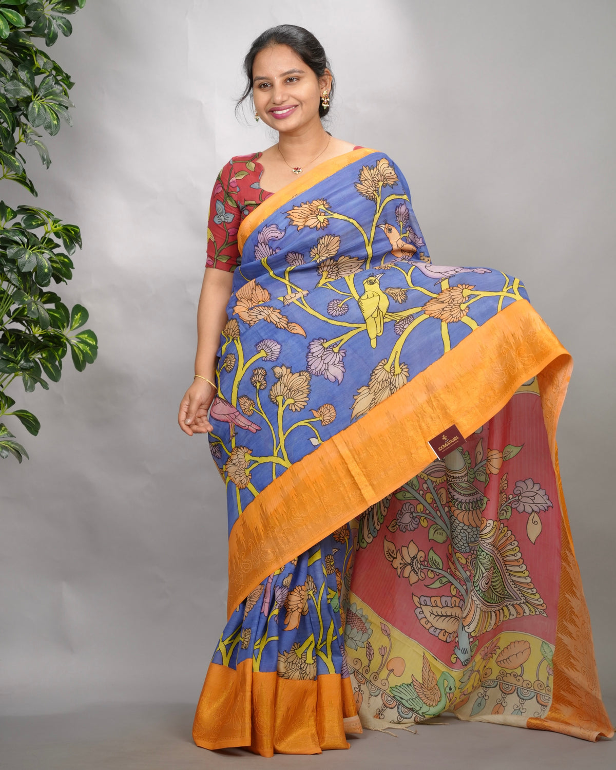 Blue Hand Drawn Pen Kalamkari Bangalore Silk Kanchi Border Saree | Looms & Tassels