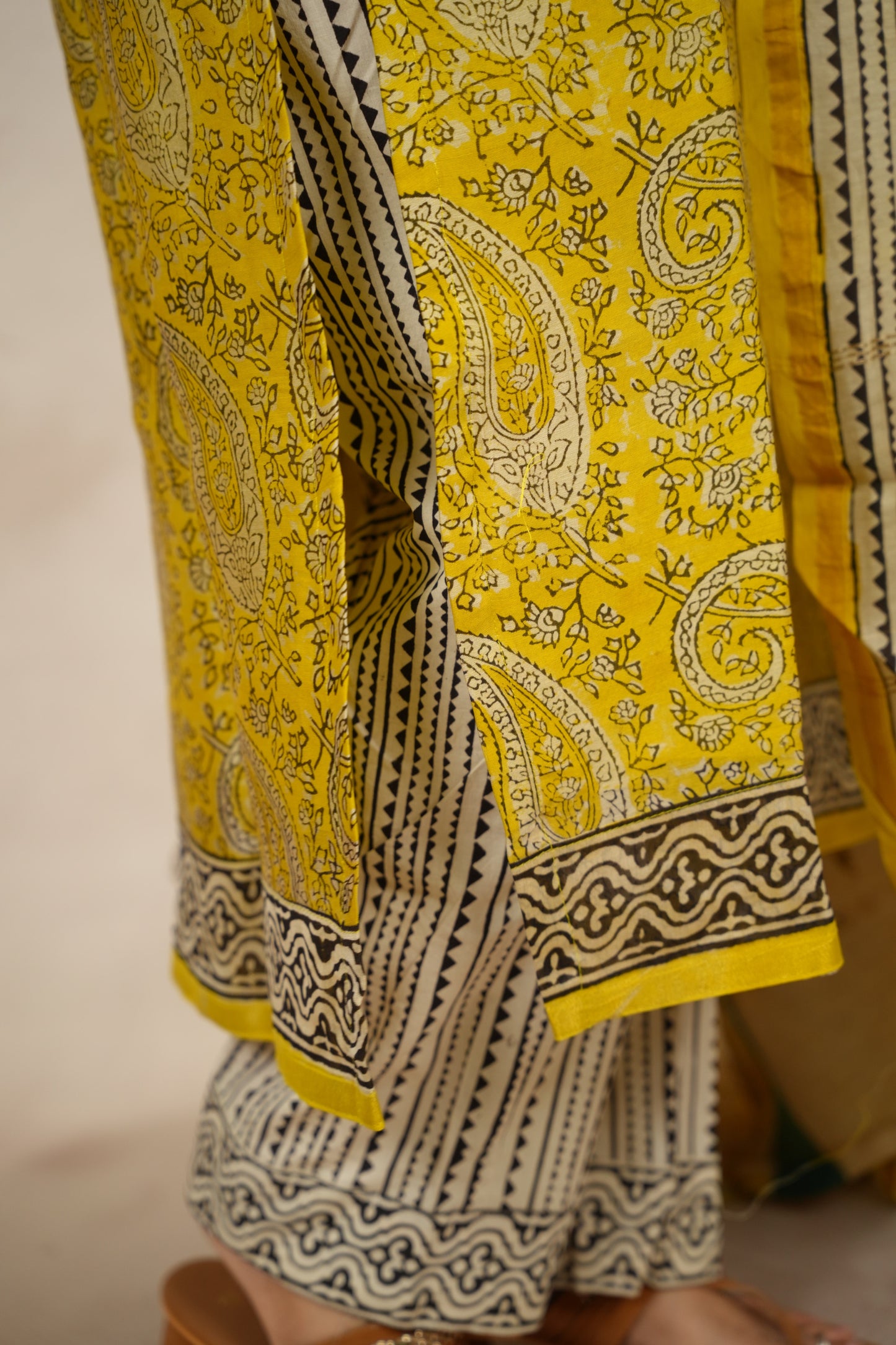 Yellow Handblock printed Pure Chenderi Silk 3 piece suit (stitched) |  Looms & Tassels