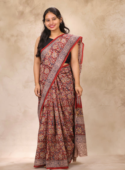 Maroon Hand Block Printed Kalamkari Cotton Saree | Looms & Tassels
