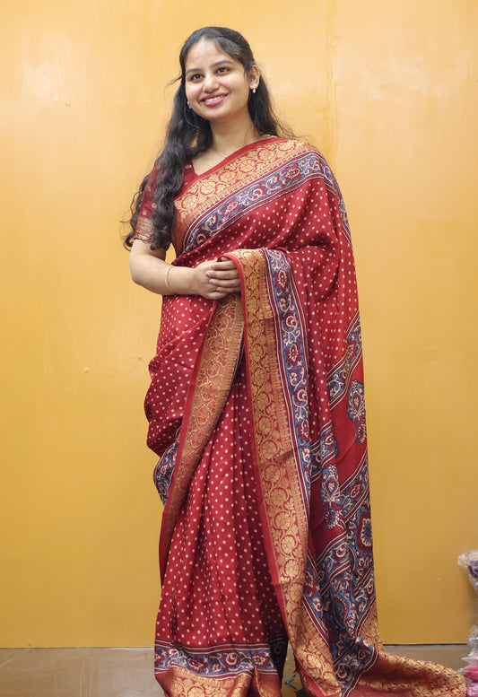 Polka Dots Ajrakh Handblock Printed Dola Silk Saree