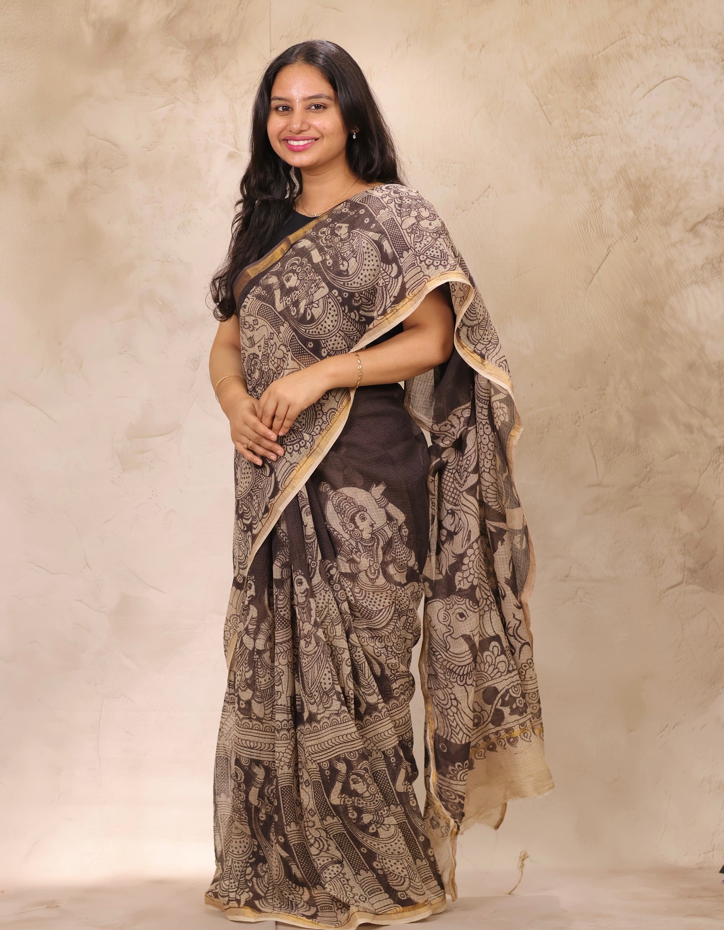 Light Black Kota Doria Saree with Kalamkari Handblock Prints | Looms & Tassels