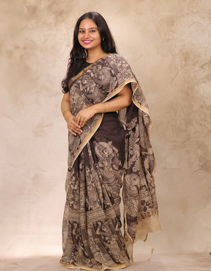 Light Black Kota Doria Saree with Kalamkari Handblock Prints | Looms & Tassels