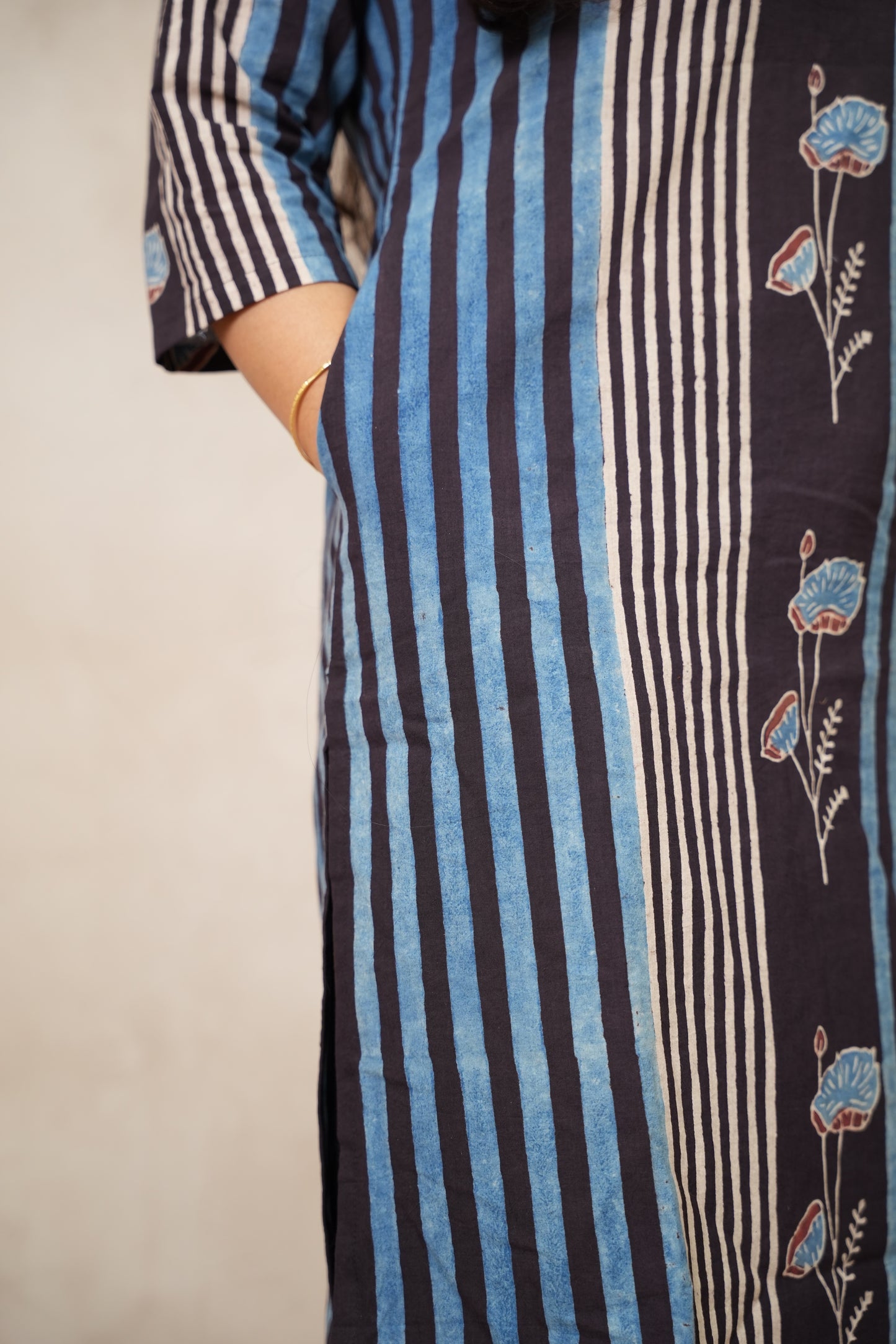 Blue & Black Ajrakh Pattern Hand Block printed Kurti | Looms & Tassels