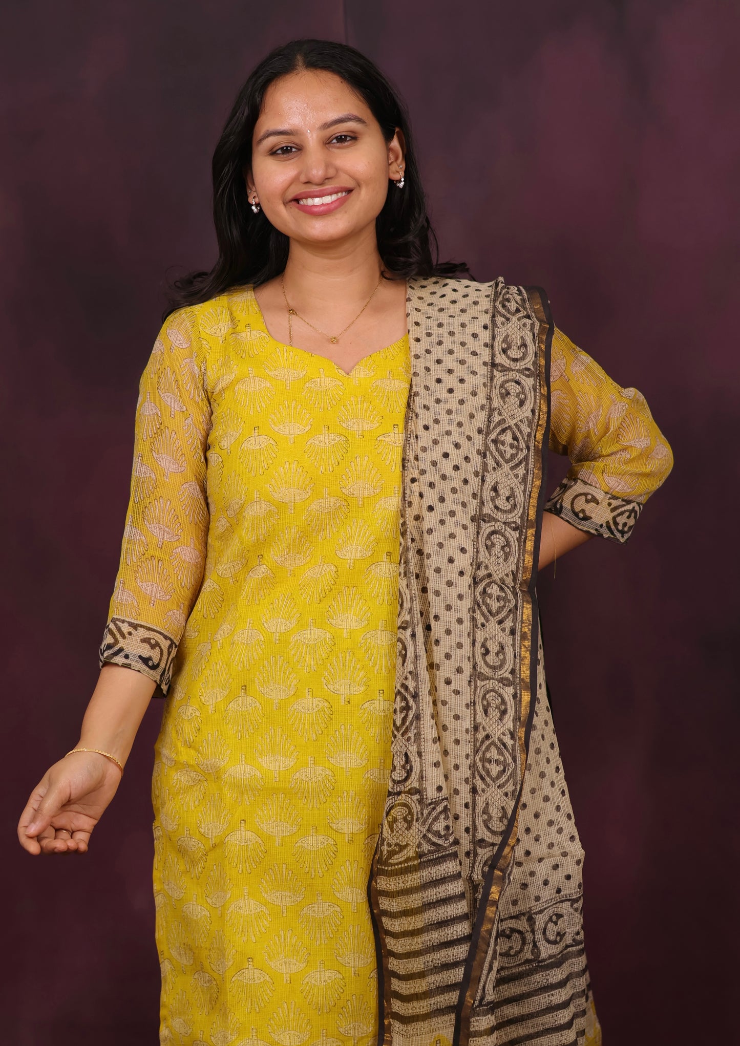 Yellow Handblock printed kota 3 piece suit (stitched)