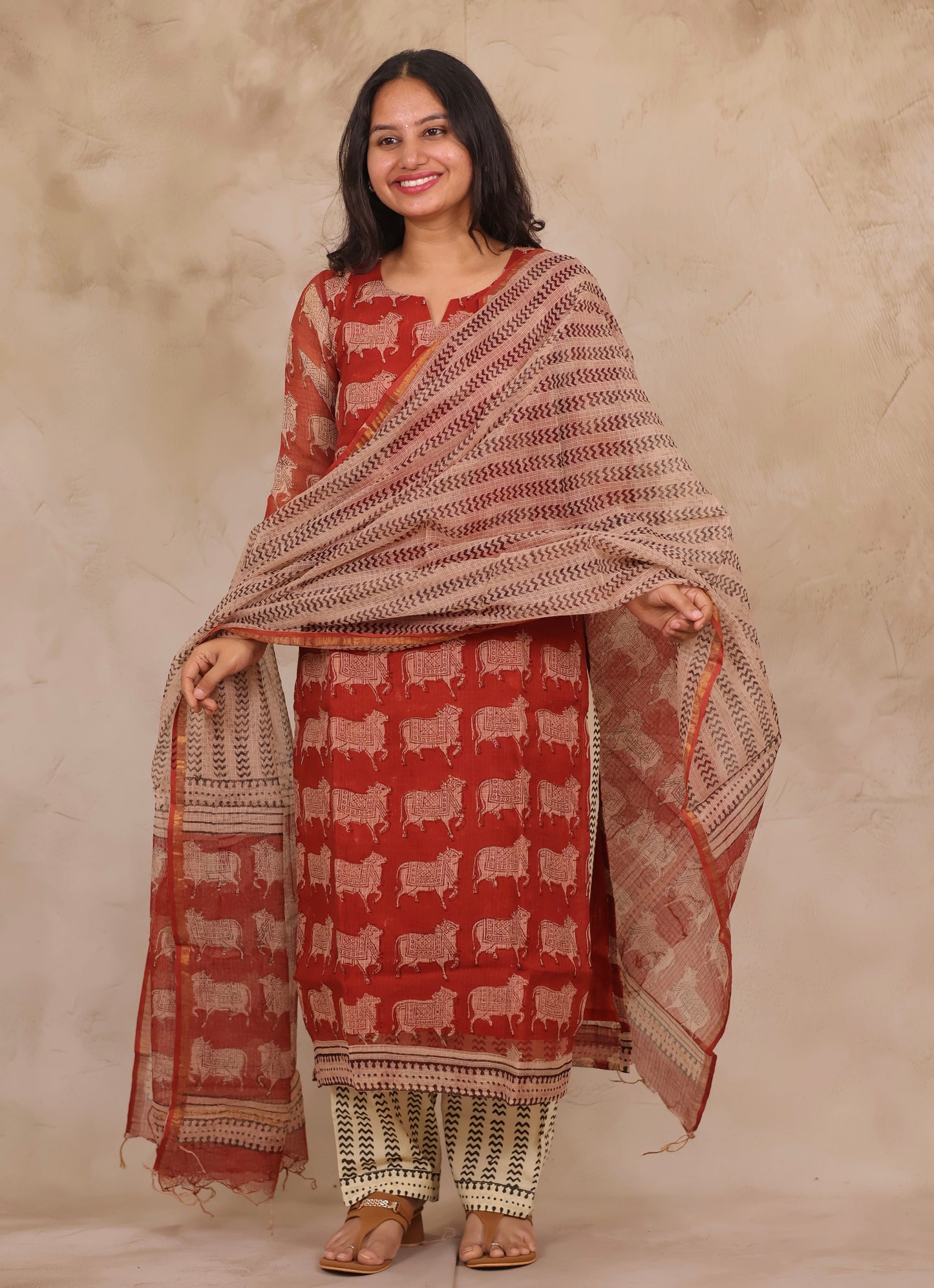 Maroon Pichwai Handblock printed kota 3 piece suit (stitched)