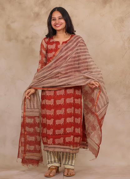 Maroon Pichwai Handblock printed kota 3 piece suit (stitched)