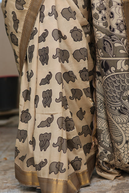 Cream & Grey Elephant Kalamkari Silk Handcrafted Nizam Border Saree