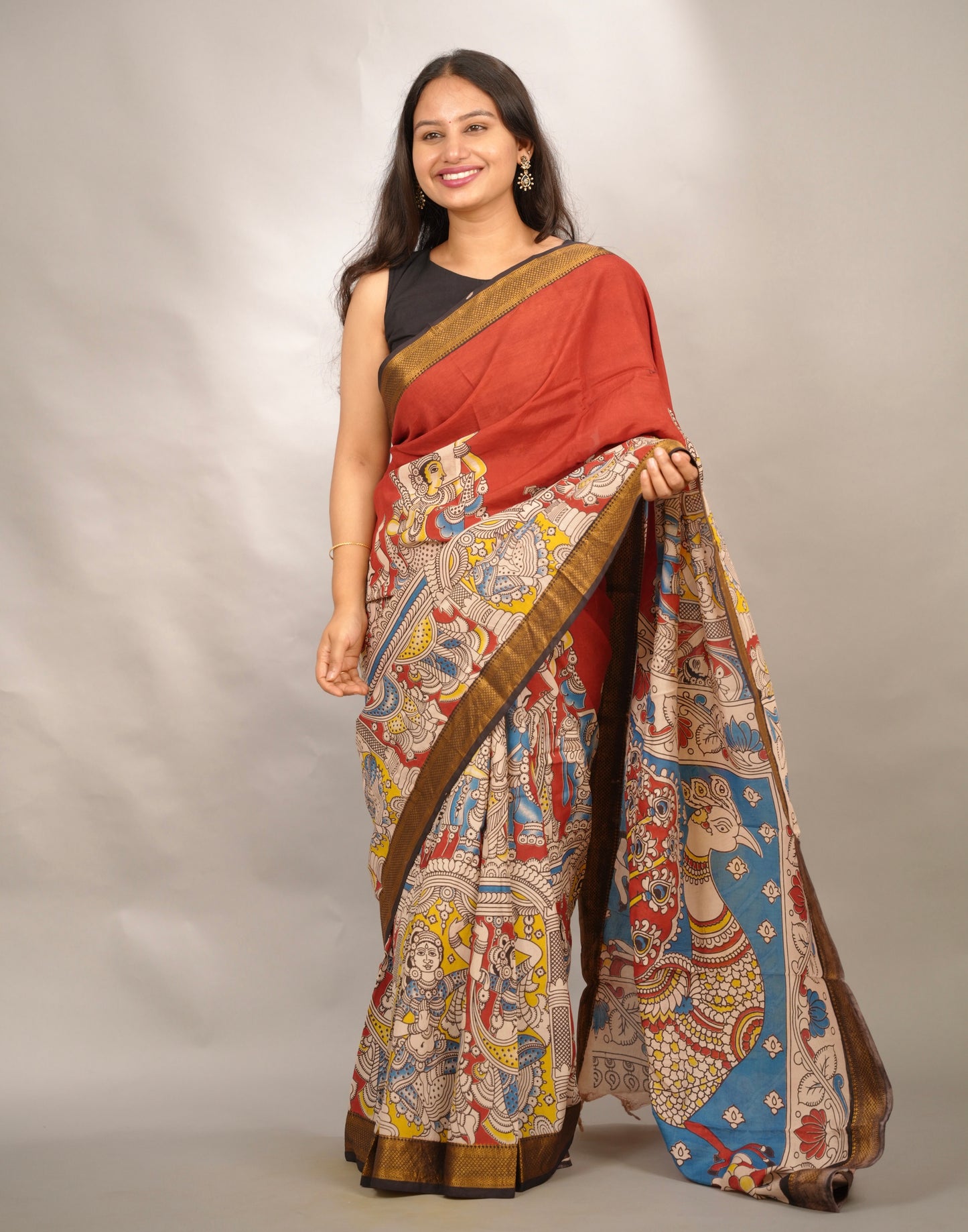 Maroon Kalamkari Nizam Border Chennur Silk Saree | Looms & Tassels