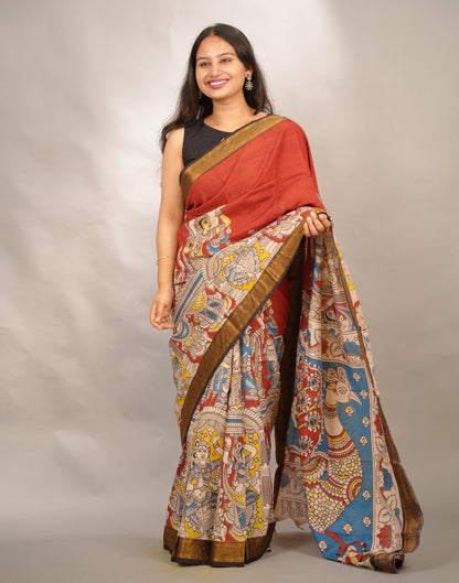 Maroon Kalamkari Nizam Border Chennur Silk Saree | Looms & Tassels